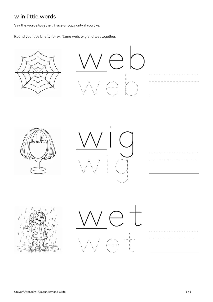 Web, wig and wet pictures beside initial w word models and optional tracing.