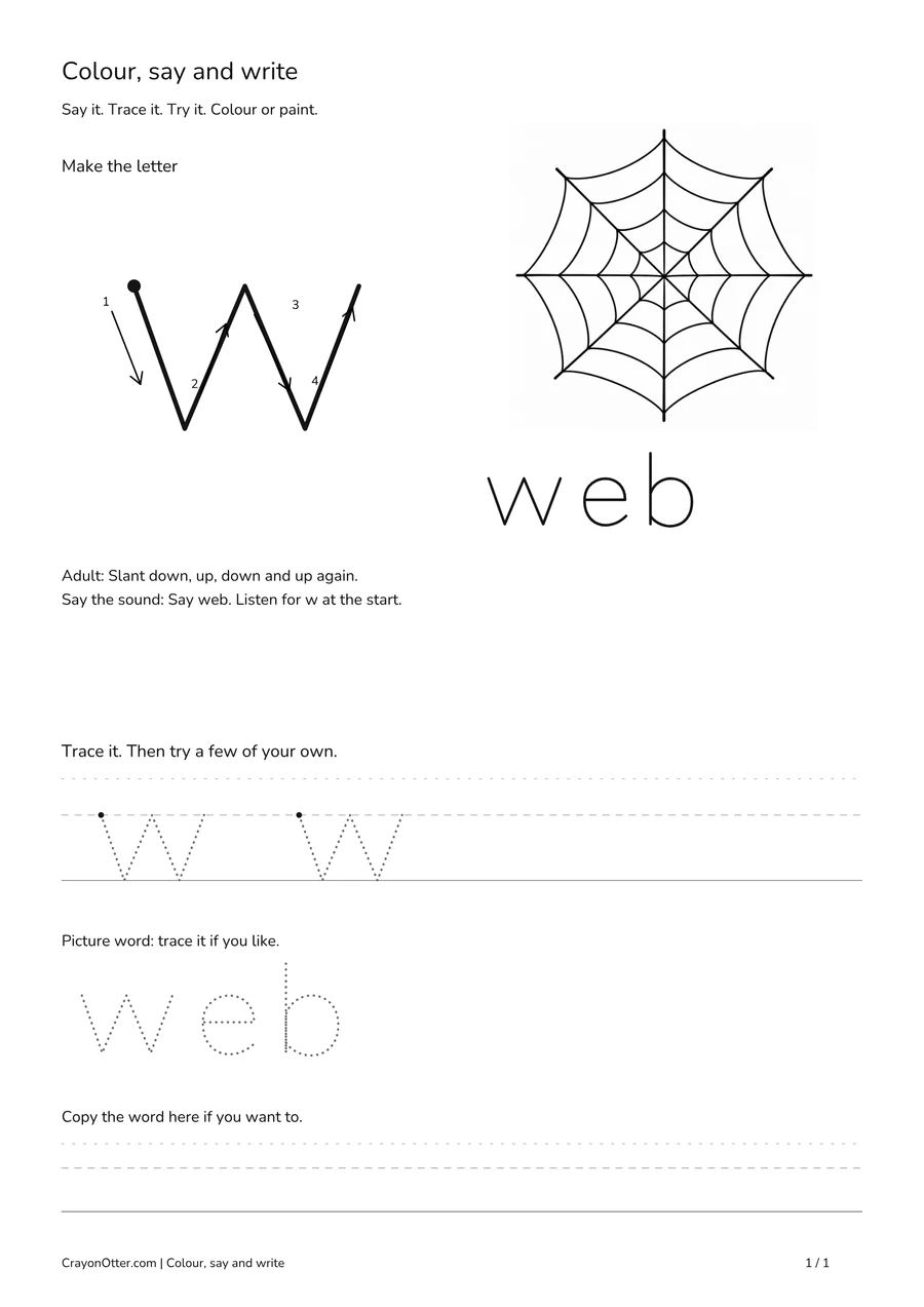 Lowercase w worksheet with a web picture, movement model, tracing and writing guides.