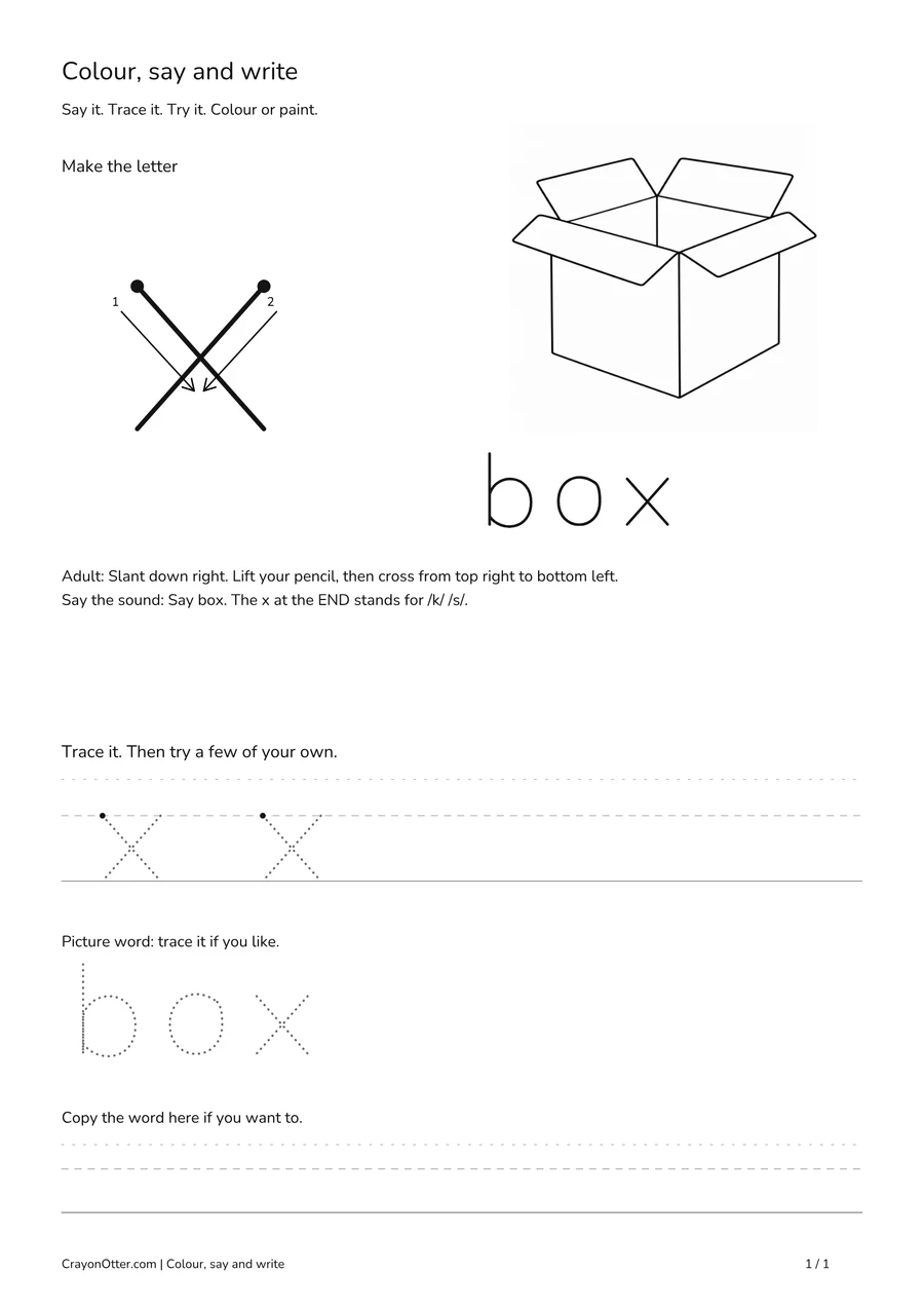Lowercase x worksheet with a box picture, movement model, tracing and writing guides.