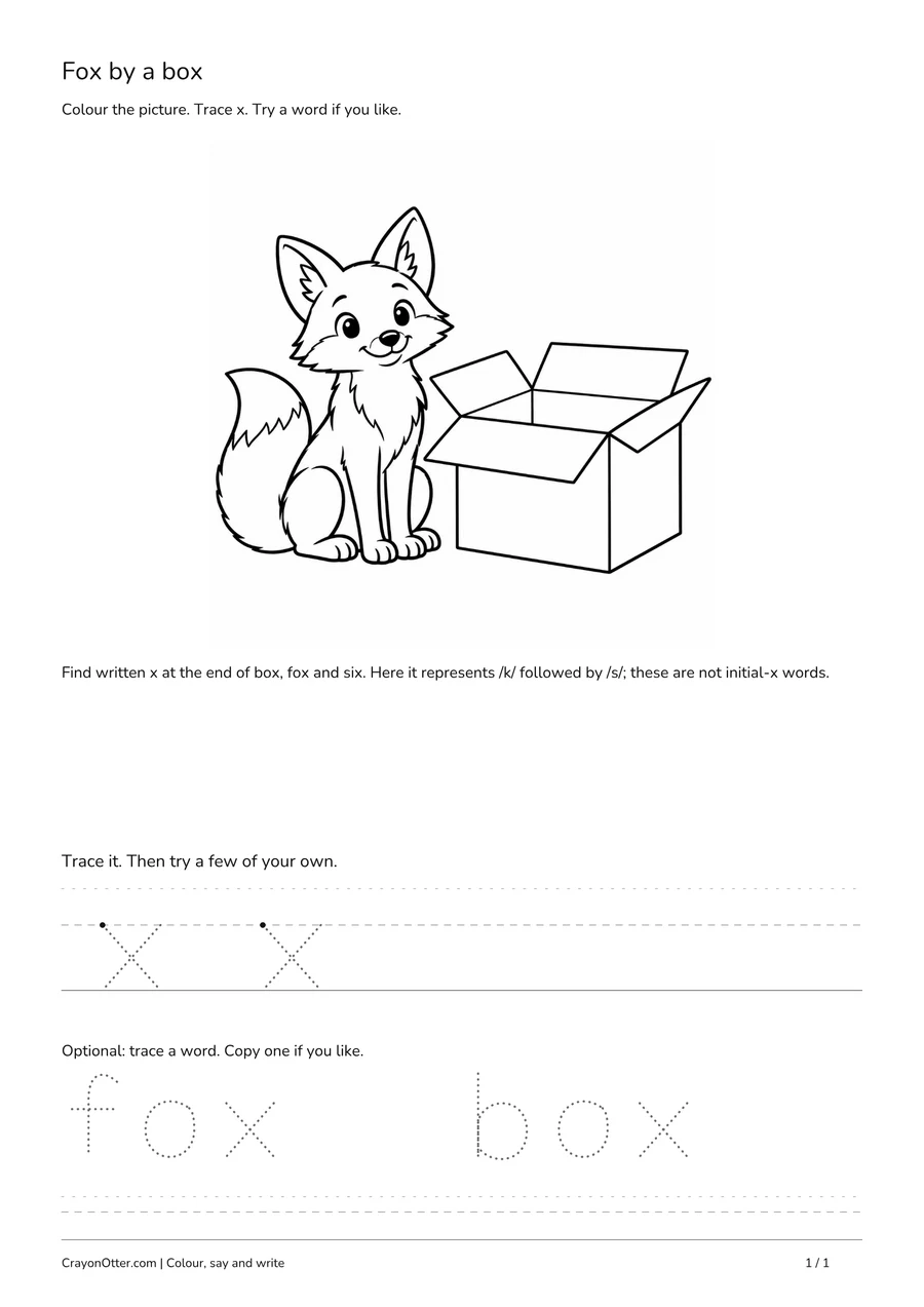 Fox beside a box, with lowercase x tracing and optional fox and box words.