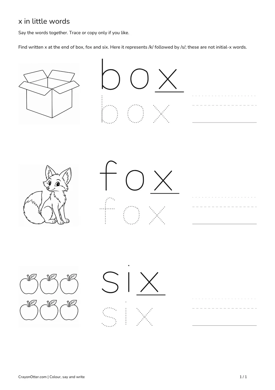 Box, fox and six pictures beside word models marking final x in each label.