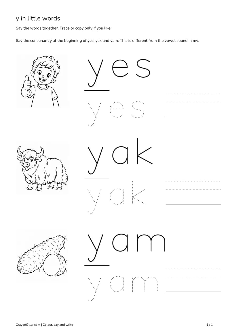 Thumbs-up yes gesture, yak and yam pictures beside initial y word models.