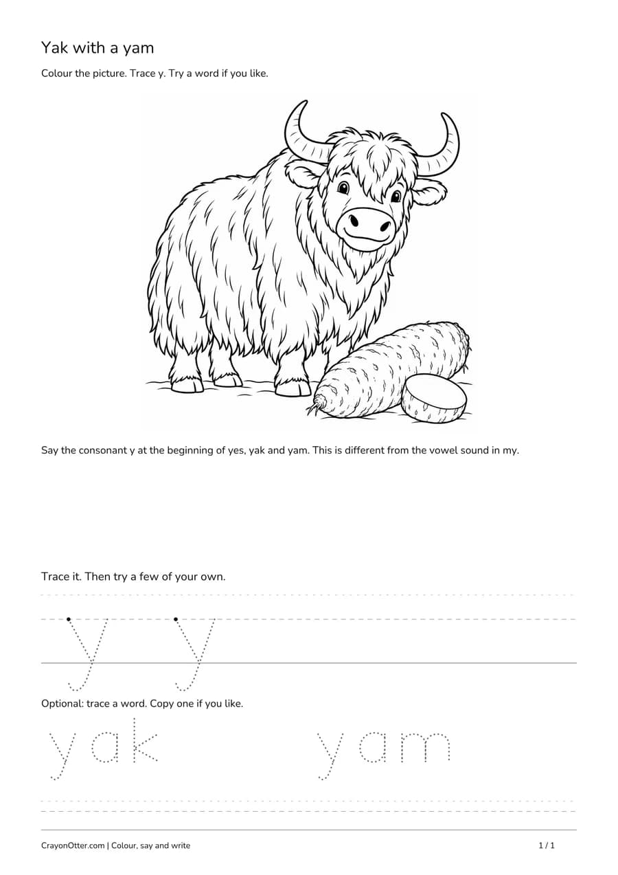 Yak beside a yam with lowercase y tracing and optional picture words.