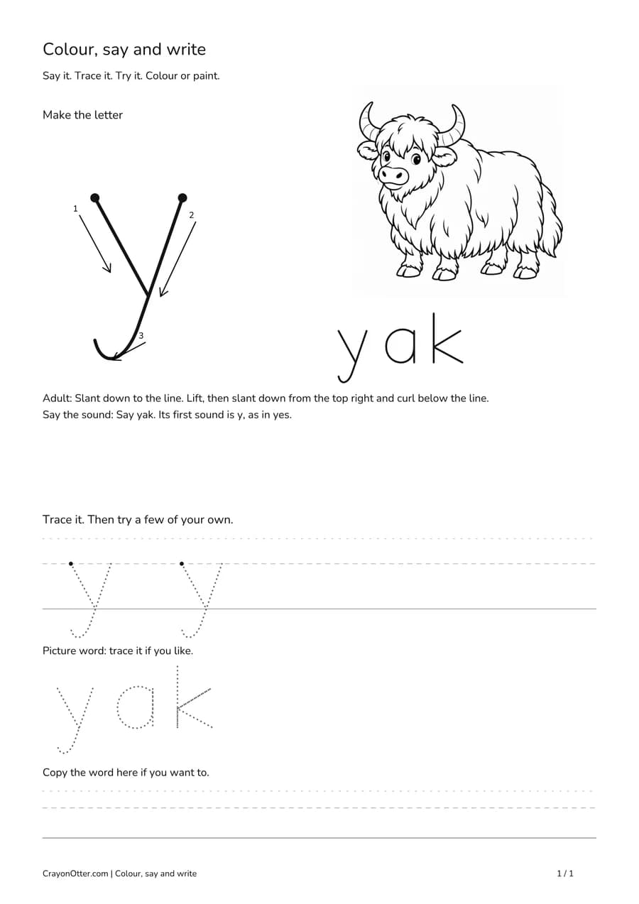 Lowercase y worksheet with a yak picture, movement model, tracing and writing guides.