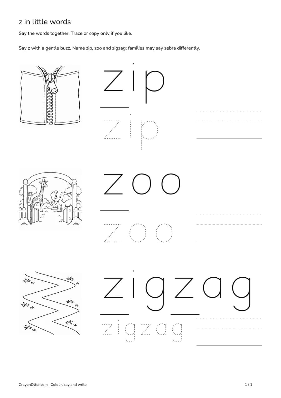Zip, zoo and zigzag pictures beside word models marking both z letters in zigzag.