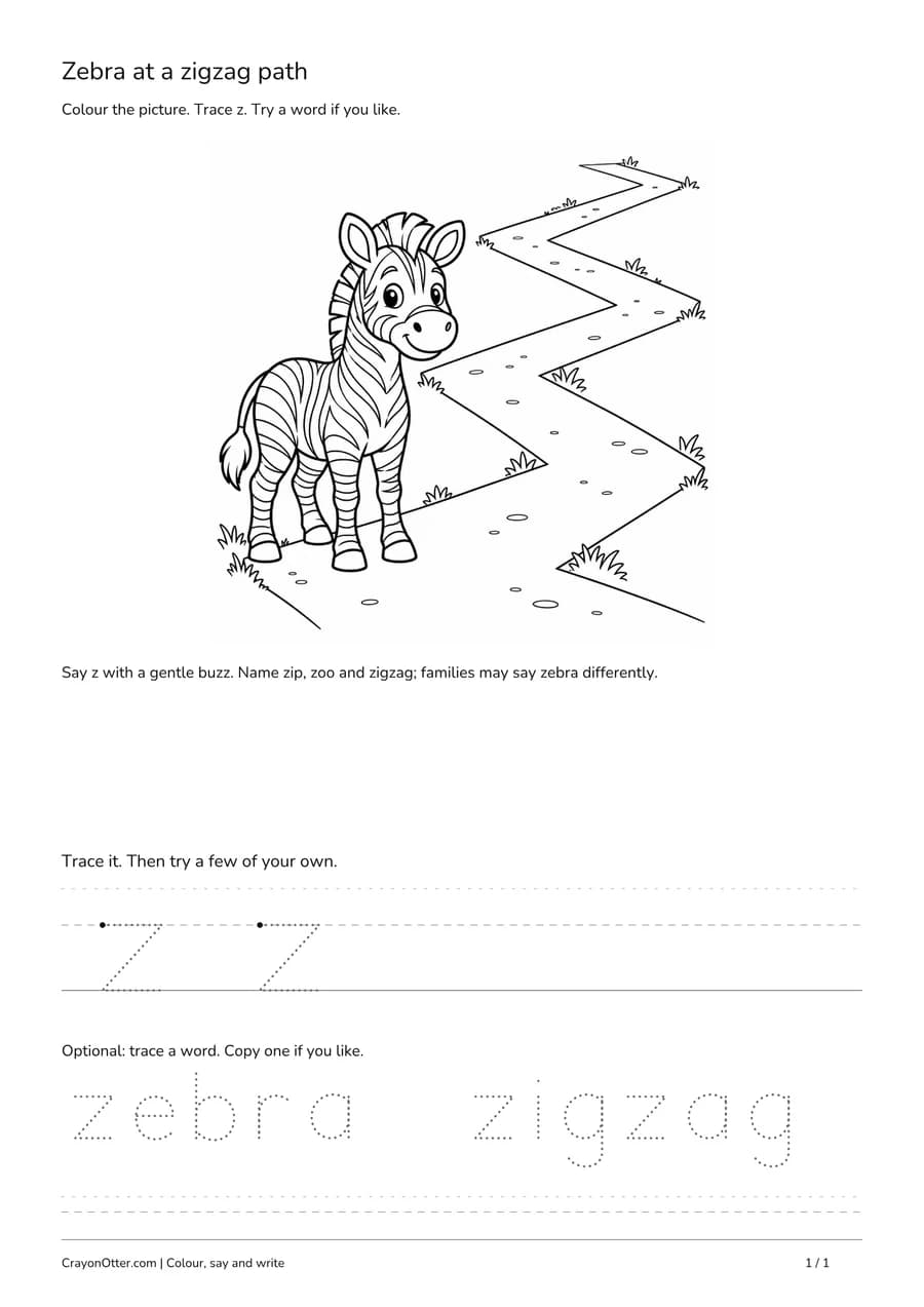 Zebra beside a zigzag path, with lowercase z tracing and optional picture words.