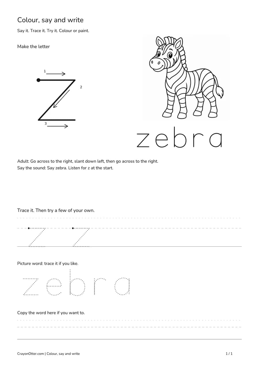Lowercase z worksheet with a zebra picture, movement model, tracing and writing guides.
