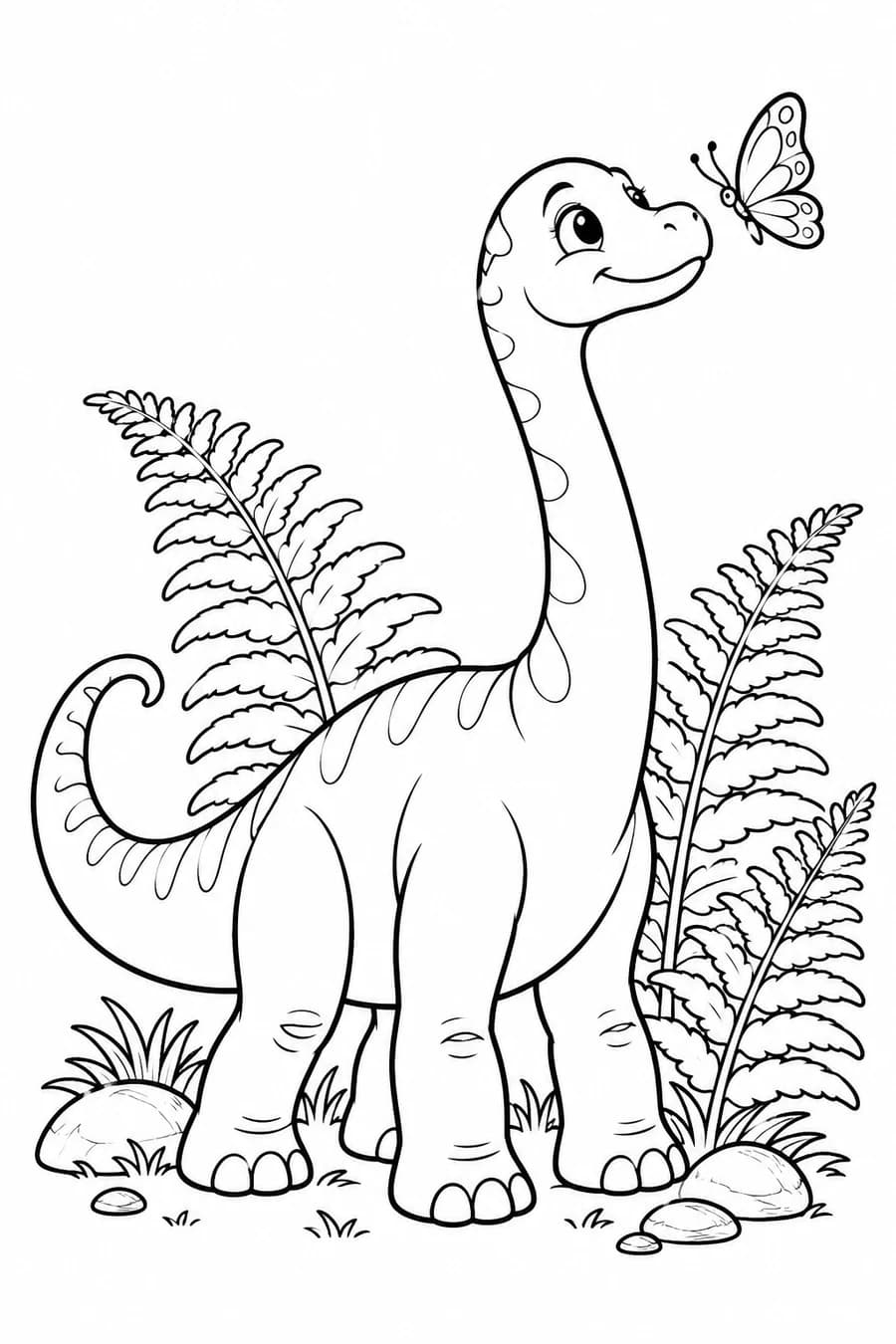 Outline drawing of a long-necked dinosaur looking at a butterfly, with ferns and stones around its feet.