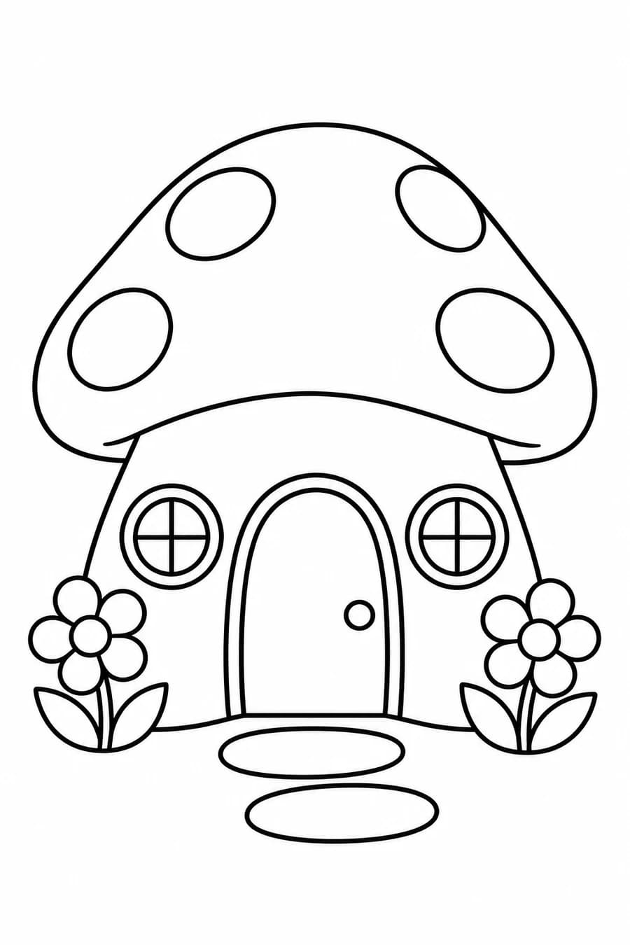 A mushroom fairy house with a spotted roof, arched door, round windows and two flowers.