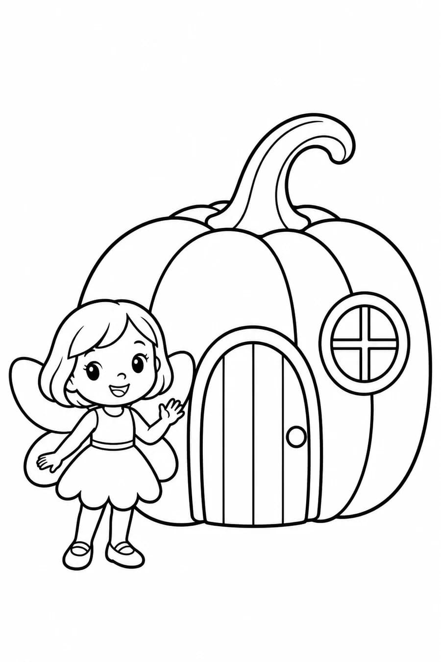A friendly fairy waves beside a pumpkin house with a large door and round window.