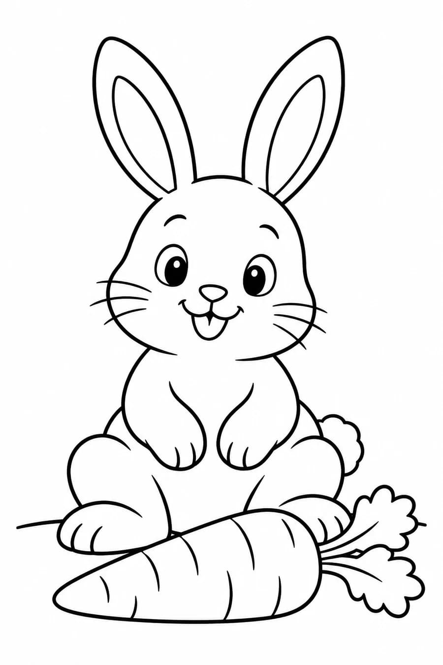 A seated rabbit with long ears and a round tail beside a large carrot.
