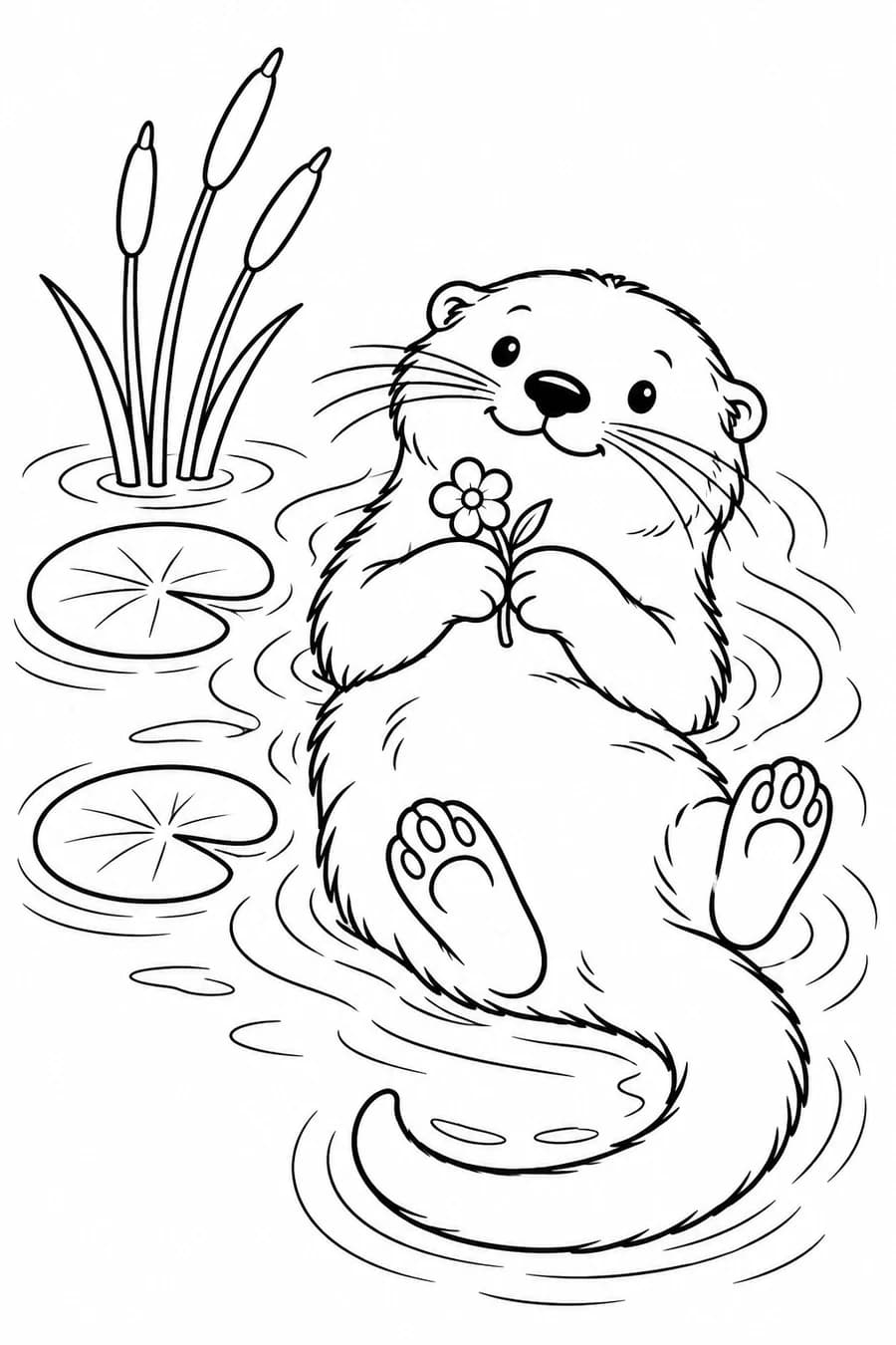 Outline drawing of an otter floating on its back holding a flower, beside lily pads and reeds.