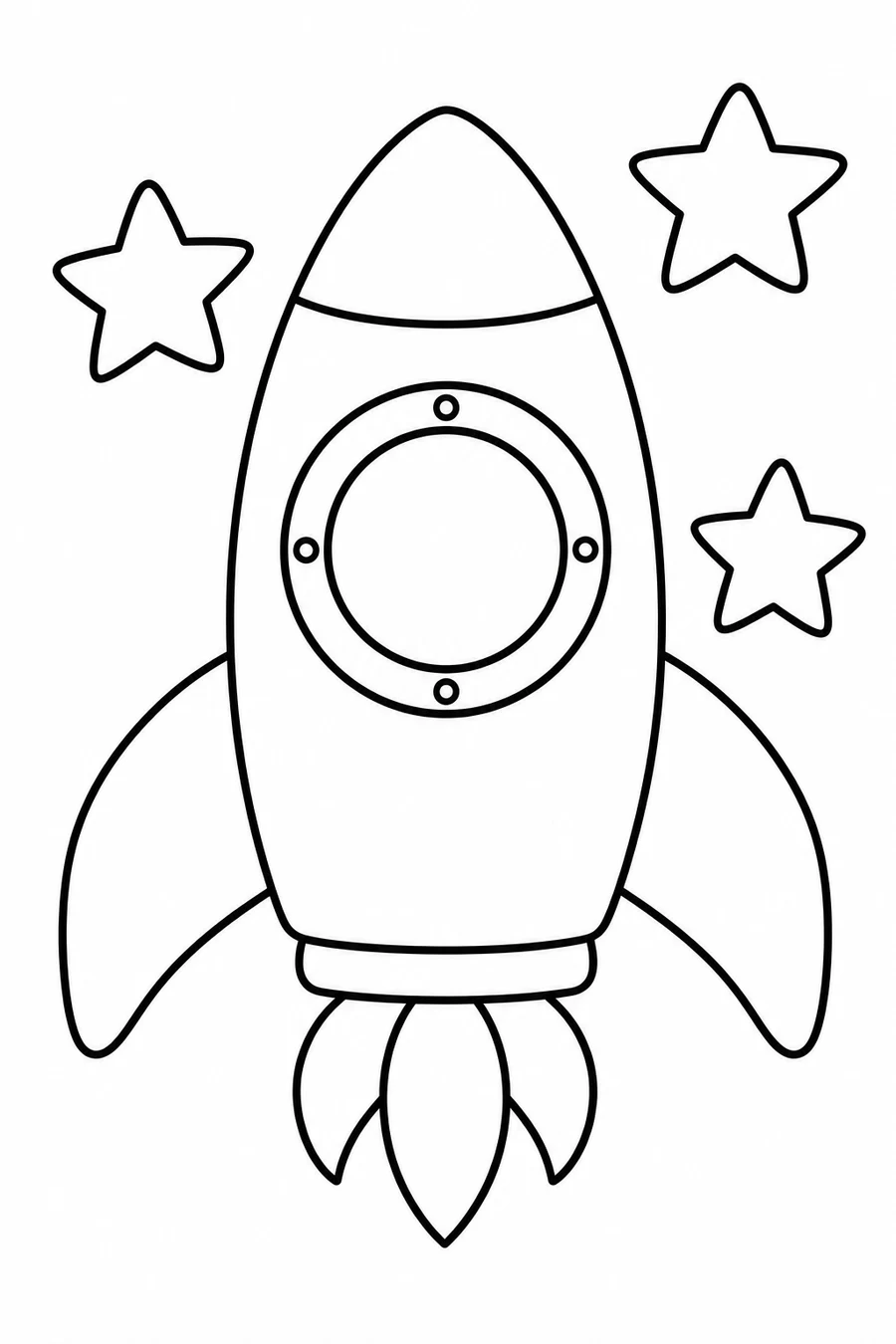 An upright rocket with a round porthole, two fins and a flame is surrounded by three stars.