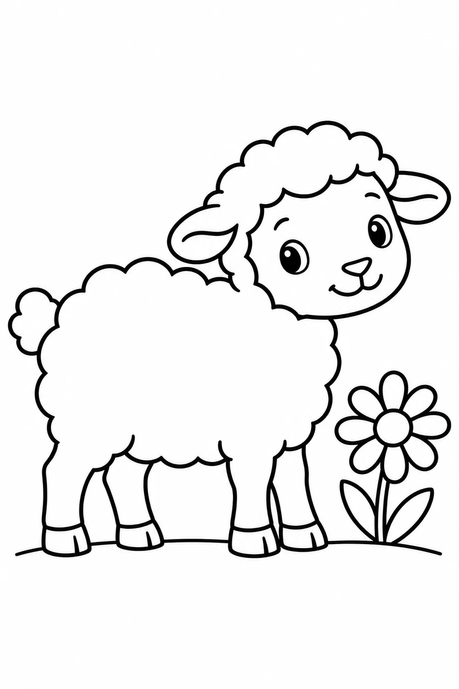 A four-legged sheep with a scalloped fleece outline stands beside a daisy.