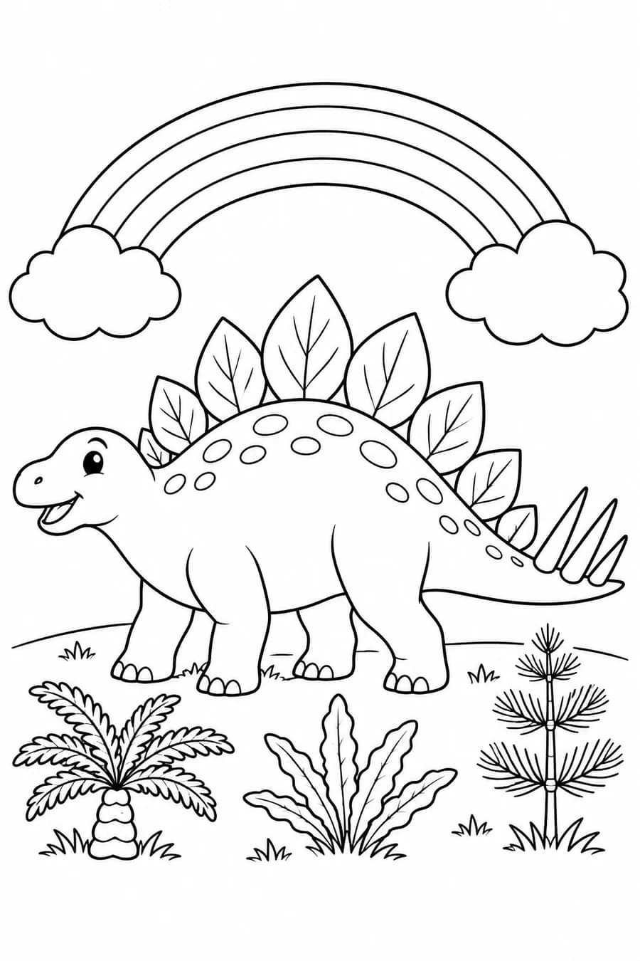 Outline drawing of a stegosaurus beneath a rainbow, with three plants at its feet.