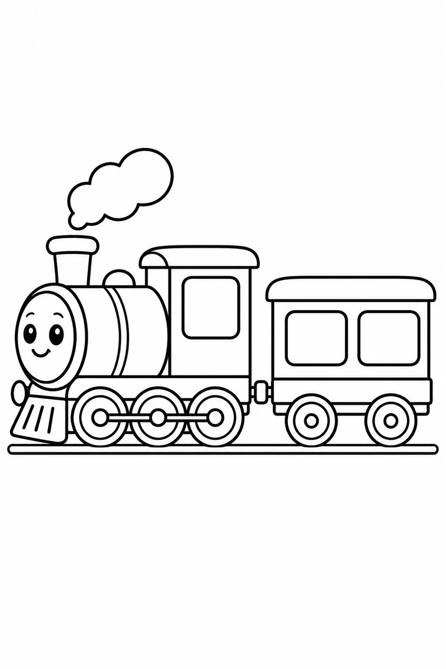 A smiling steam locomotive pulls one two-window carriage along a short track.
