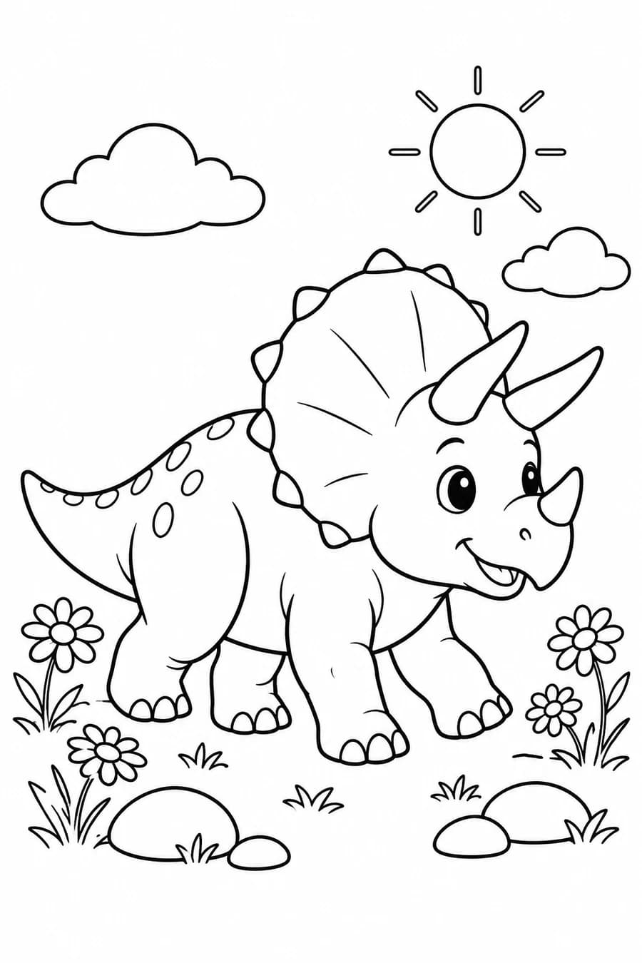 Outline drawing of a smiling triceratops walking through daisies beneath a sun and clouds.